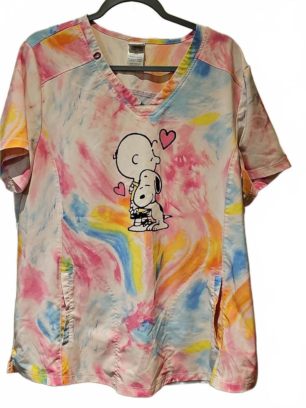 Cherokee Tooniform Peanuts Tie Dye Women's TF752 V-Neck Snoopy Size 2XL